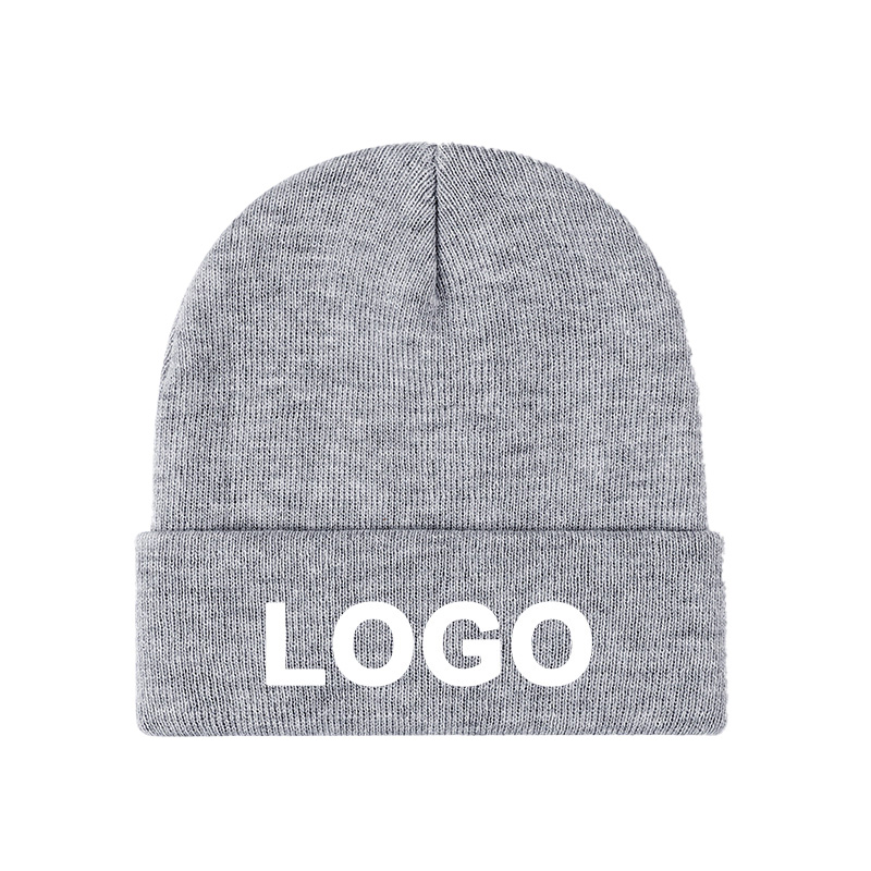 heather grey rib-knit beanie with white LOGO placeholder text centred on the turned-up cuff