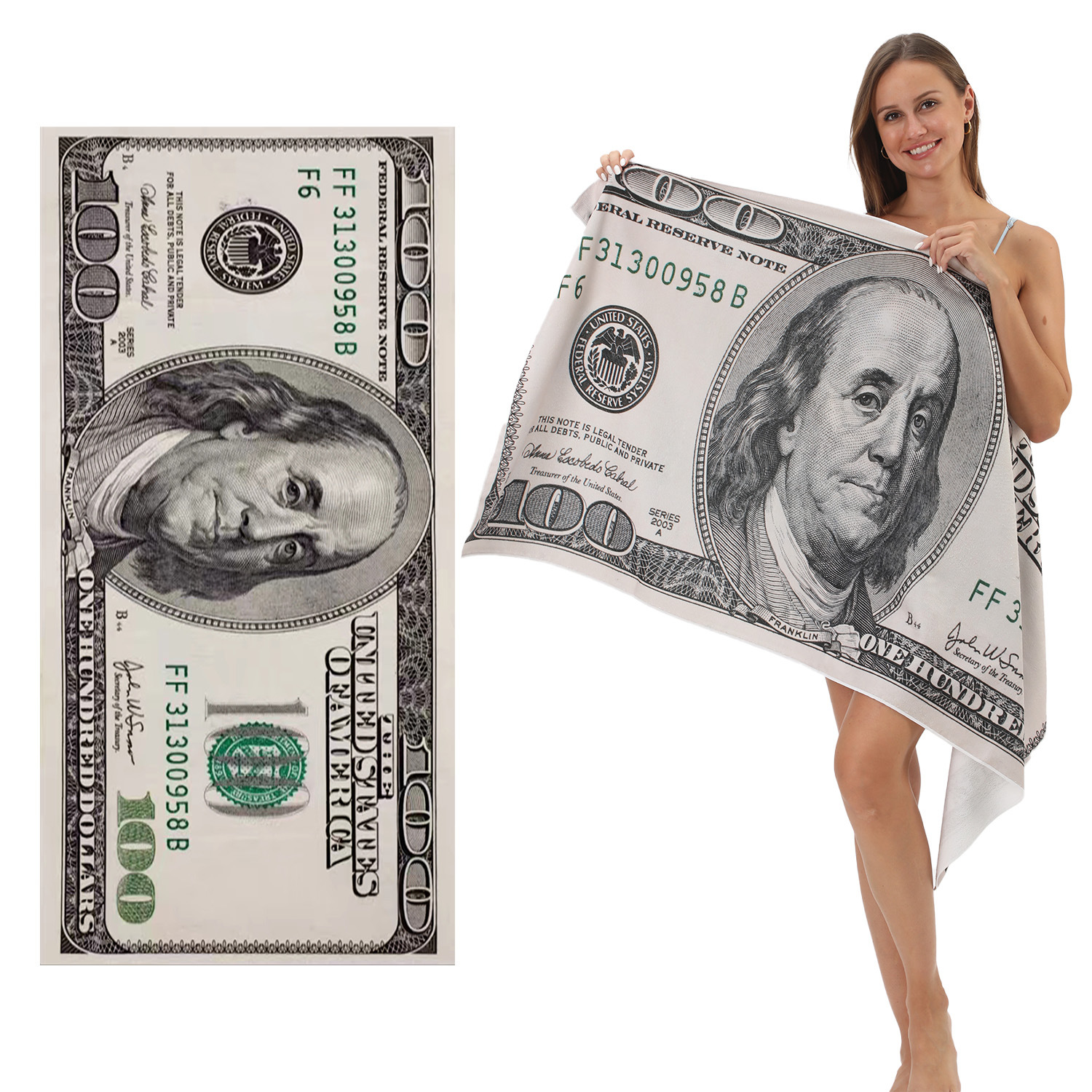 oversized novelty graphic print sample towel, flat art panel and model-held panel side by side