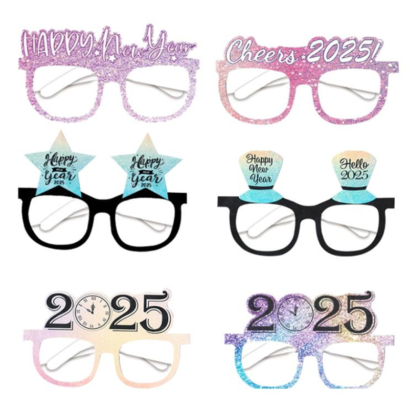 Party-prop sample board with novelty glasses designs and printed 2025 greeting, fanned on white