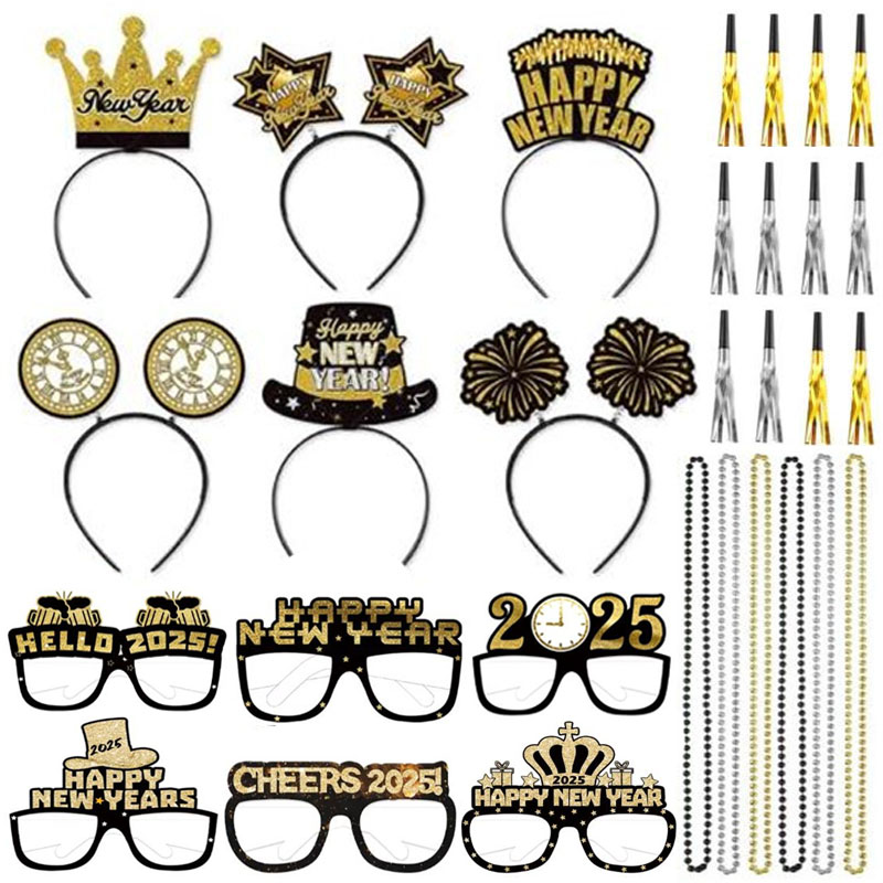 Assorted novelty photo-booth eyewear props on display board with New Year greeting wording