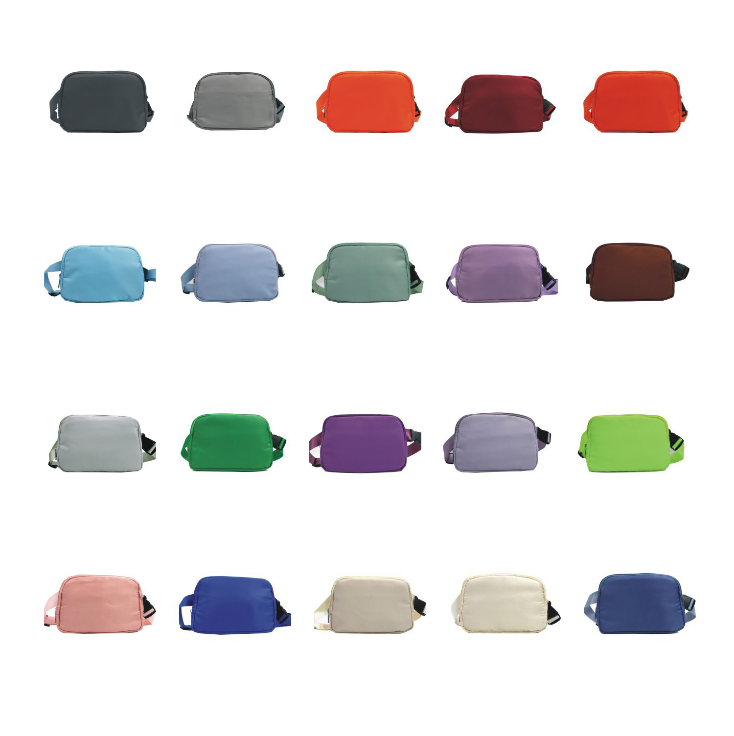 Colour grid of twenty blank belt bags from charcoal, orange and burgundy to kelly, royal blue, sand, cream and navy, each with colour-matched webbing strap