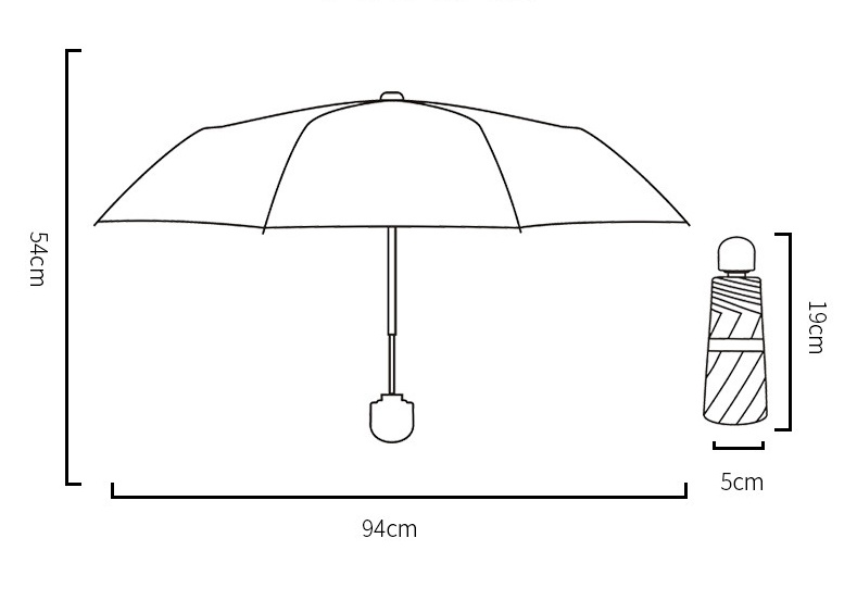Line dimension drawing showing open umbrella height 54 cm, canopy span 94 cm, folded length 19 cm and folded width 5 cm