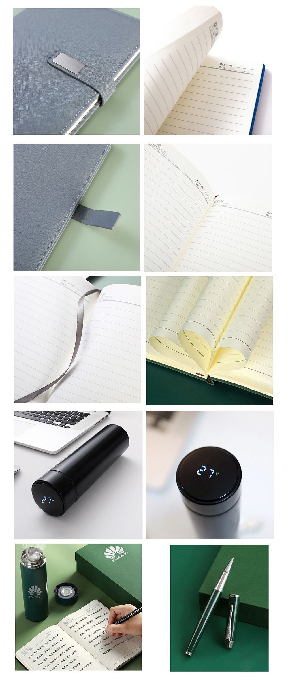 Vertical detail strip for the boxed tumbler set: close crops of a grey crosshatch notebook cover with elastic band and blank brushed-metal nameplate, ruled cream pages with a header line and ribbon bookmark, a black temperature-display flask lid reading 27°C beside a laptop, then a forest-green flask, matching gift box and green rollerball pen shown as sample-printed demo pieces