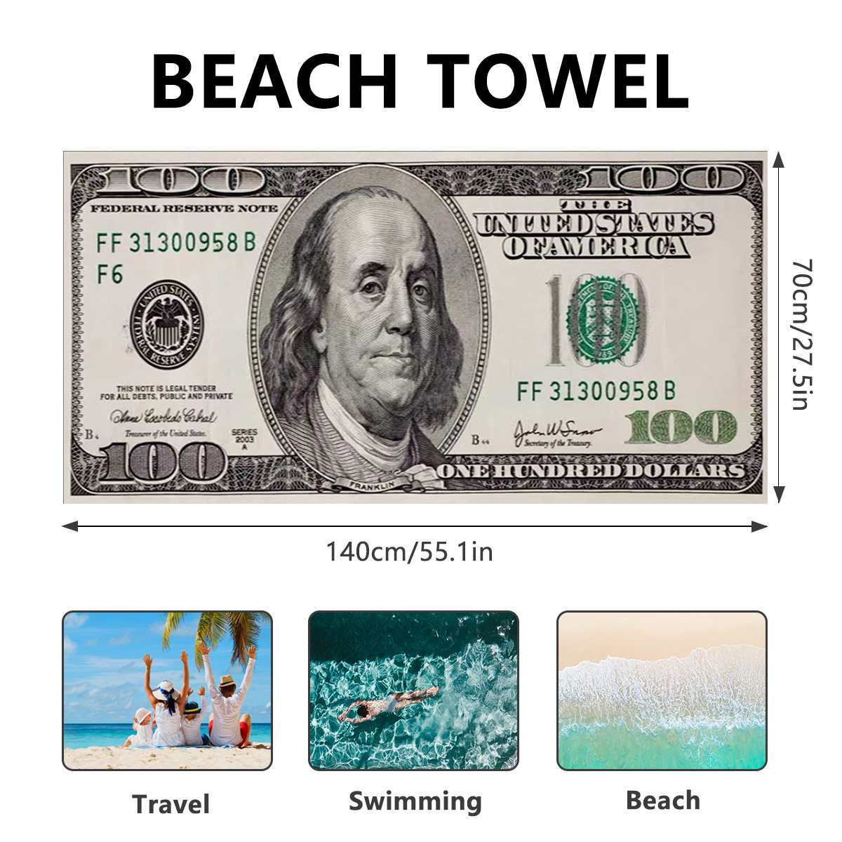 printed towel mockup graphic with dimension arrows 70cm and 140cm above three captioned use thumbnails