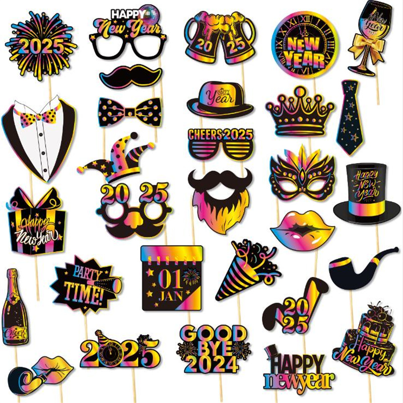 Holographic foil photo-booth prop board: skewered eyewear, hats, masks, clocks and countdown signs on white