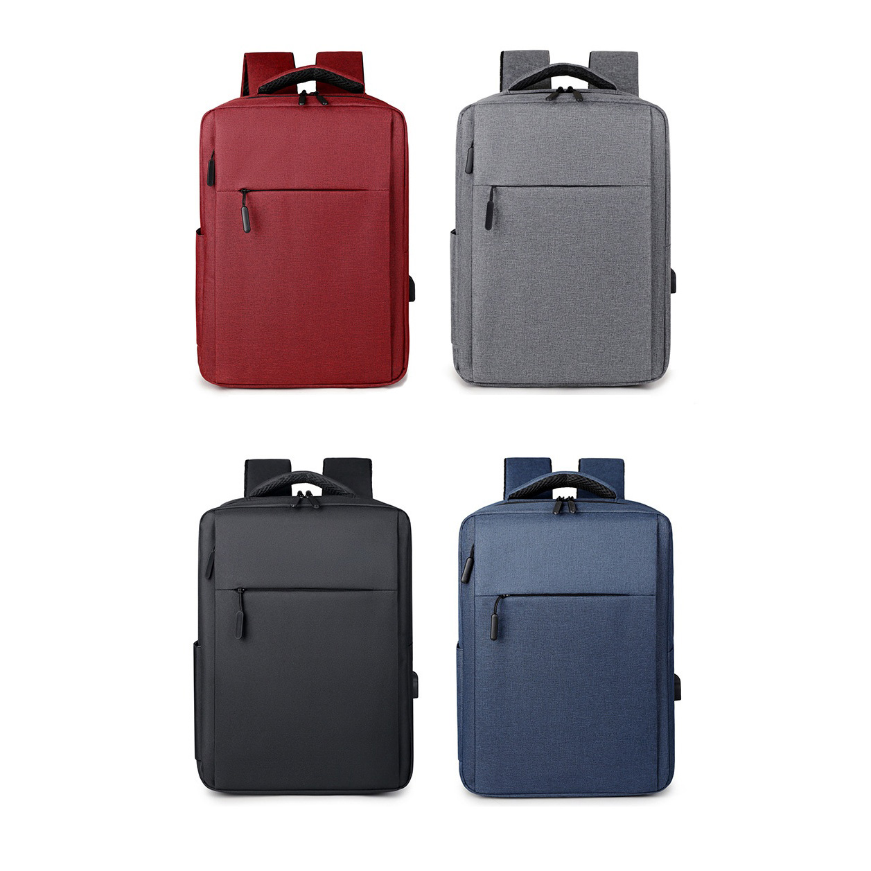 Four identical structured backpacks in a two-by-two grid - deep red, heather grey, black, navy - all with black cord zipper pulls and ribbed rigid top handles
