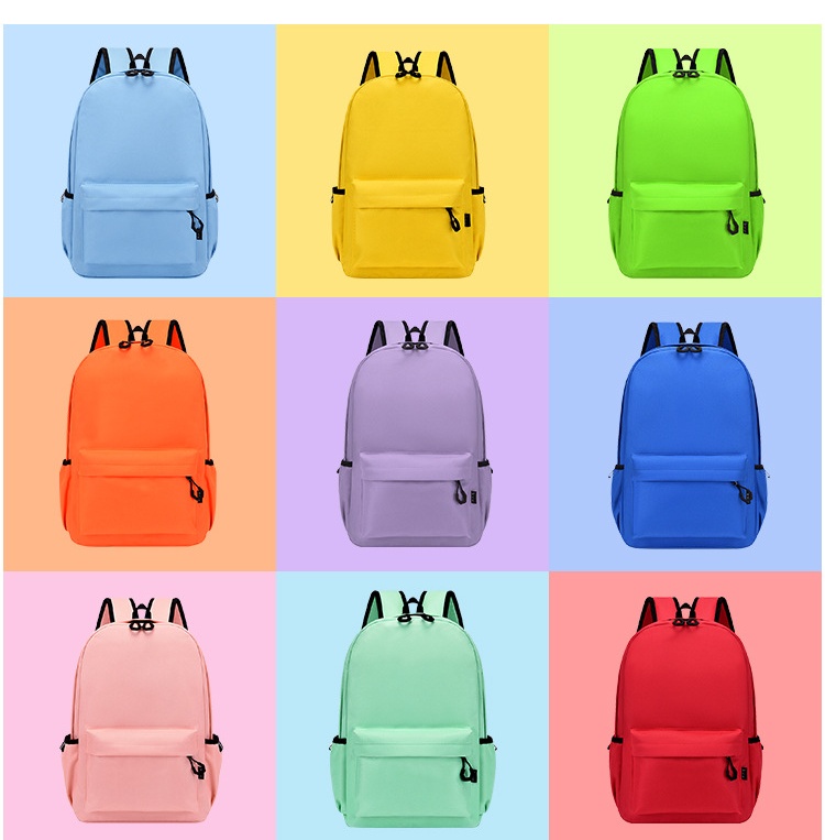 Nine-cell catalogue grid of one school backpack model in nine solid colourways - sky, yellow, lime, orange, lilac, cobalt, pink, mint and red - each with black-trimmed padded straps