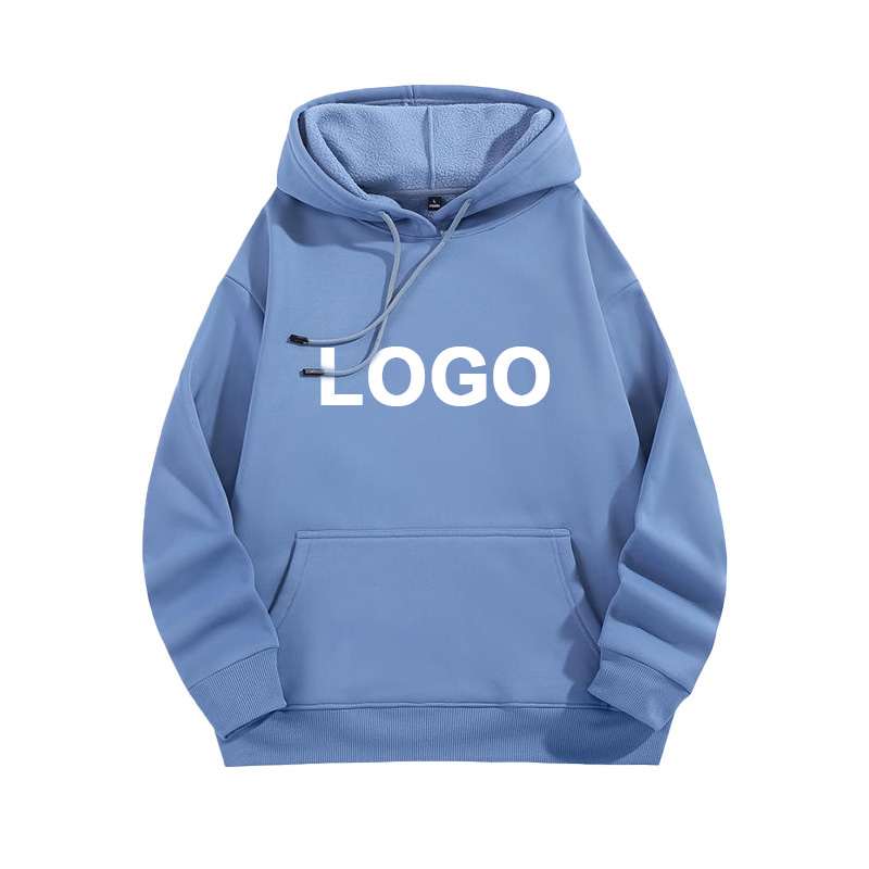 periwinkle blue pullover hoodie on ghost mannequin with white LOGO placeholder chest print, brushed hood lining, kangaroo pocket and tipped drawcords
