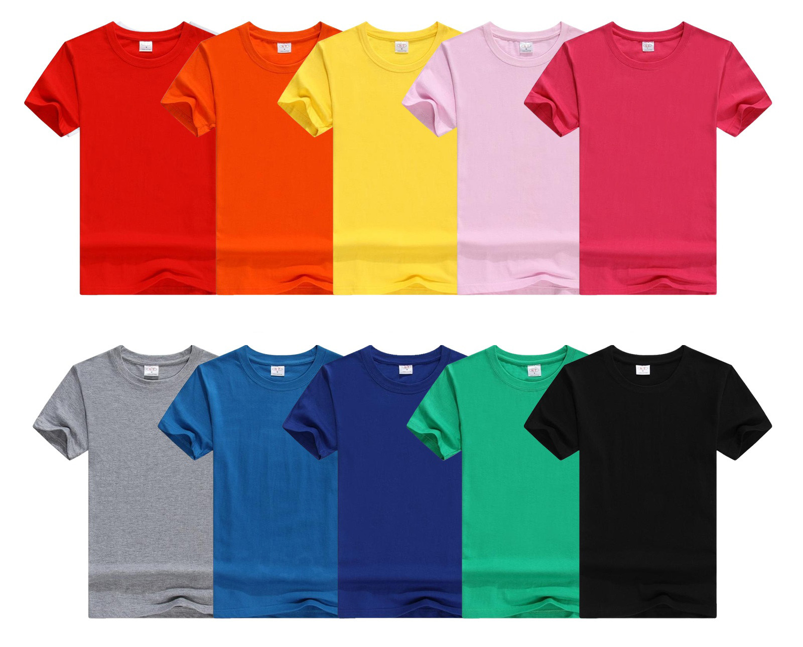 ten solid-colour crew-neck tees in two overlapping rows, red, orange, yellow, pink and magenta over heather grey, blue, navy, green and black
