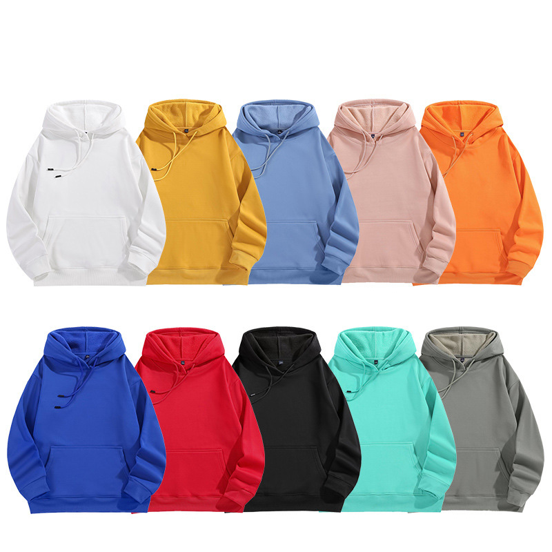 ten pullover hoodies in two rows, white, mustard, periwinkle, blush, orange over royal blue, red, black, mint and grey