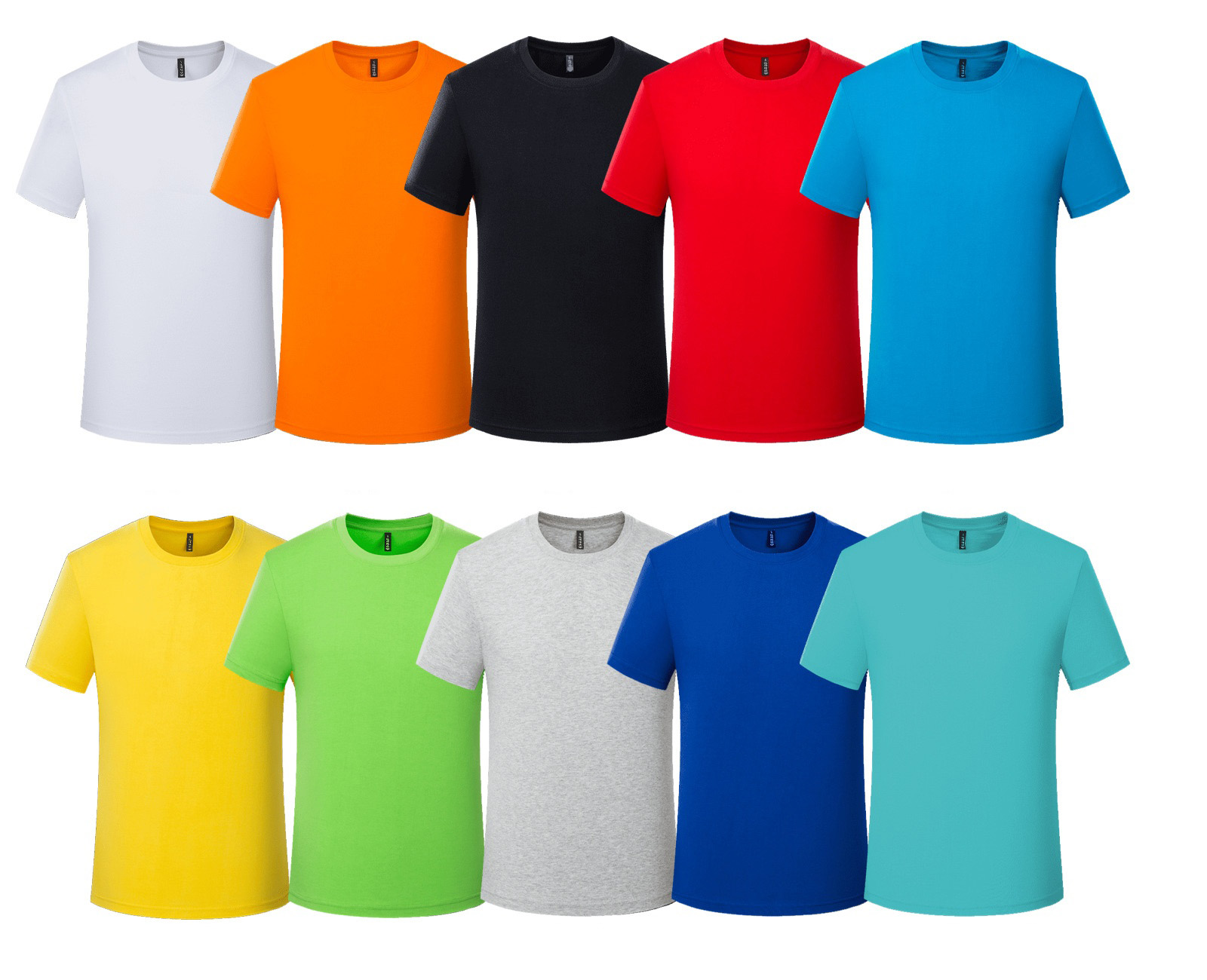 colour chart of ten blank short-sleeve tees in white, orange, black, red, cyan, yellow, lime, heather grey, royal blue and turquoise