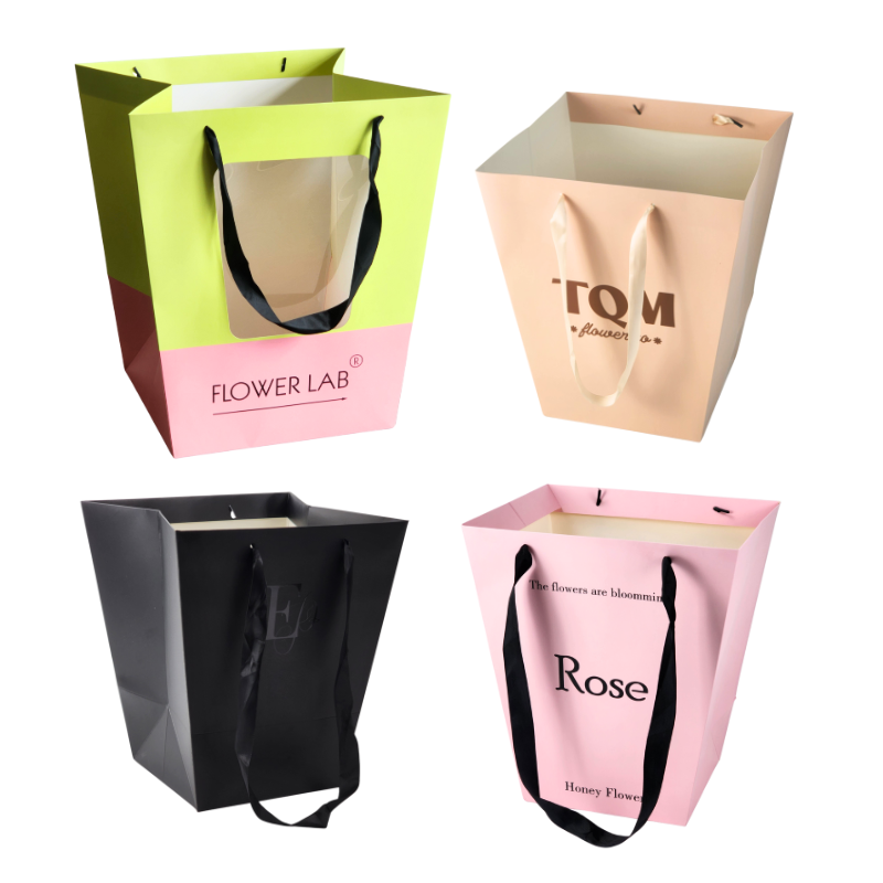 Luxury Trapezoidal Paper Bags for Flower with Transparent PVC Window